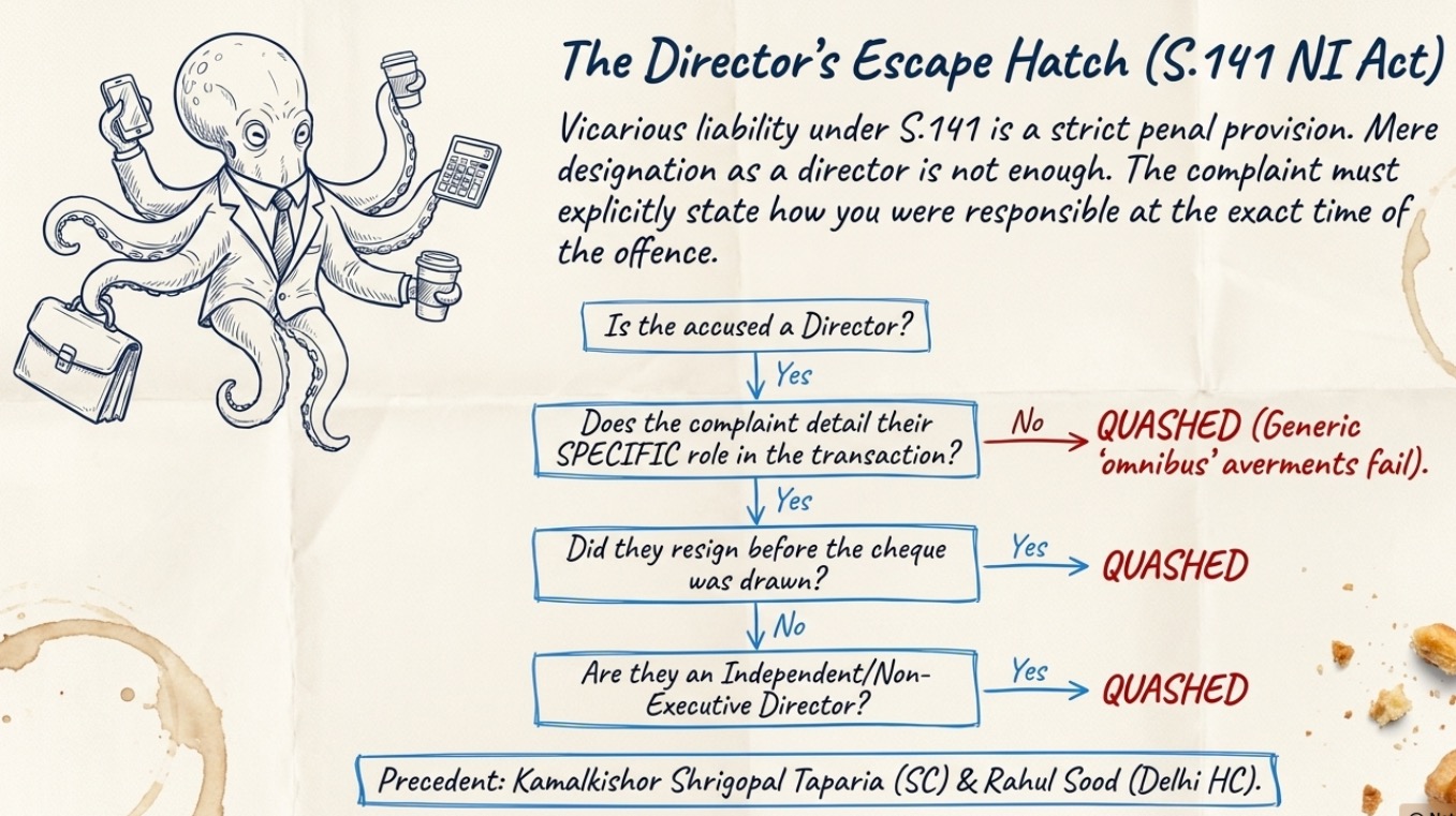 Flowchart explaining when directors can be prosecuted under Section 141 of the Negotiable Instruments Act, including specific role requirements, resignation before cheque issuance, independent directors, and grounds for quashing criminal proceedings.