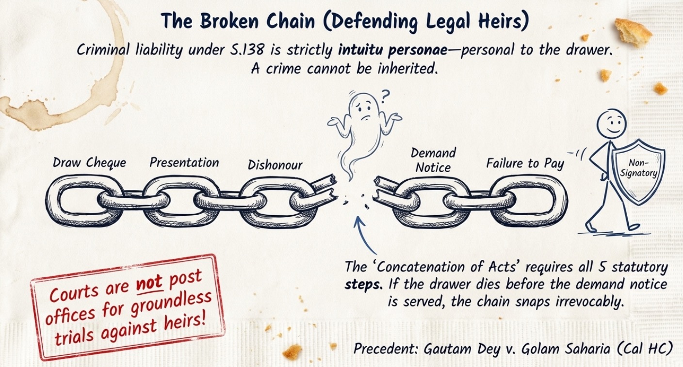 Diagram illustrating that criminal liability under Section 138 of the Negotiable Instruments Act does not pass to legal heirs, showing a broken chain of statutory requirements when the drawer dies before service of the demand notice.