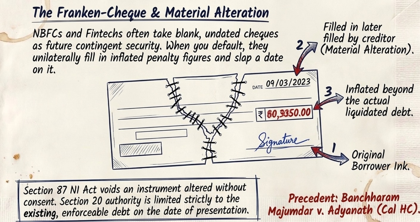 Illustration showing a blank security cheque later filled by a creditor with altered date and inflated amount, explaining material alteration under Sections 20 and 87 of the Negotiable Instruments Act and legal challenges to security cheque misuse.