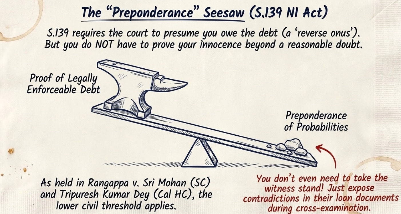 Seesaw illustration explaining the reverse burden of proof under Section 139 of the Negotiable Instruments Act, showing that the accused only needs to establish a preponderance of probabilities rather than proving innocence beyond reasonable doubt.