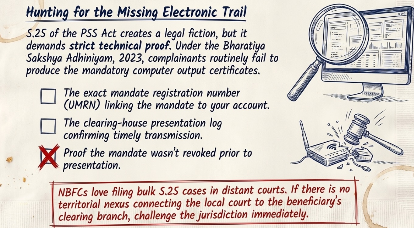 Infographic describing the documentary evidence required in electronic mandate dishonour cases under Section 25 of the Payment and Settlement Systems Act, including UMRN records, clearing-house logs, technical proof, and jurisdiction challenges in NBFC litigation.