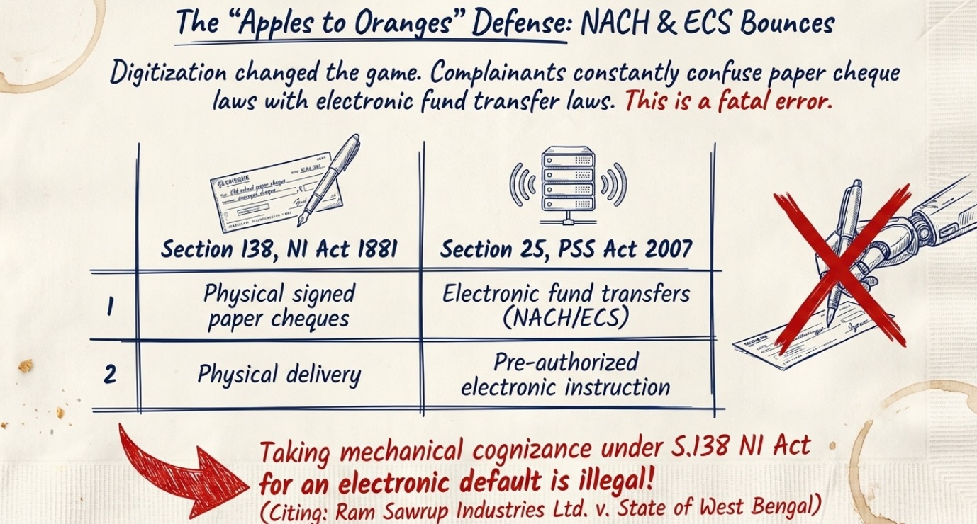Comparison chart explaining the legal distinction between physical cheque bounce cases under Section 138 of the Negotiable Instruments Act and electronic NACH/ECS mandate dishonour under Section 25 of the Payment and Settlement Systems Act, highlighting common filing errors.