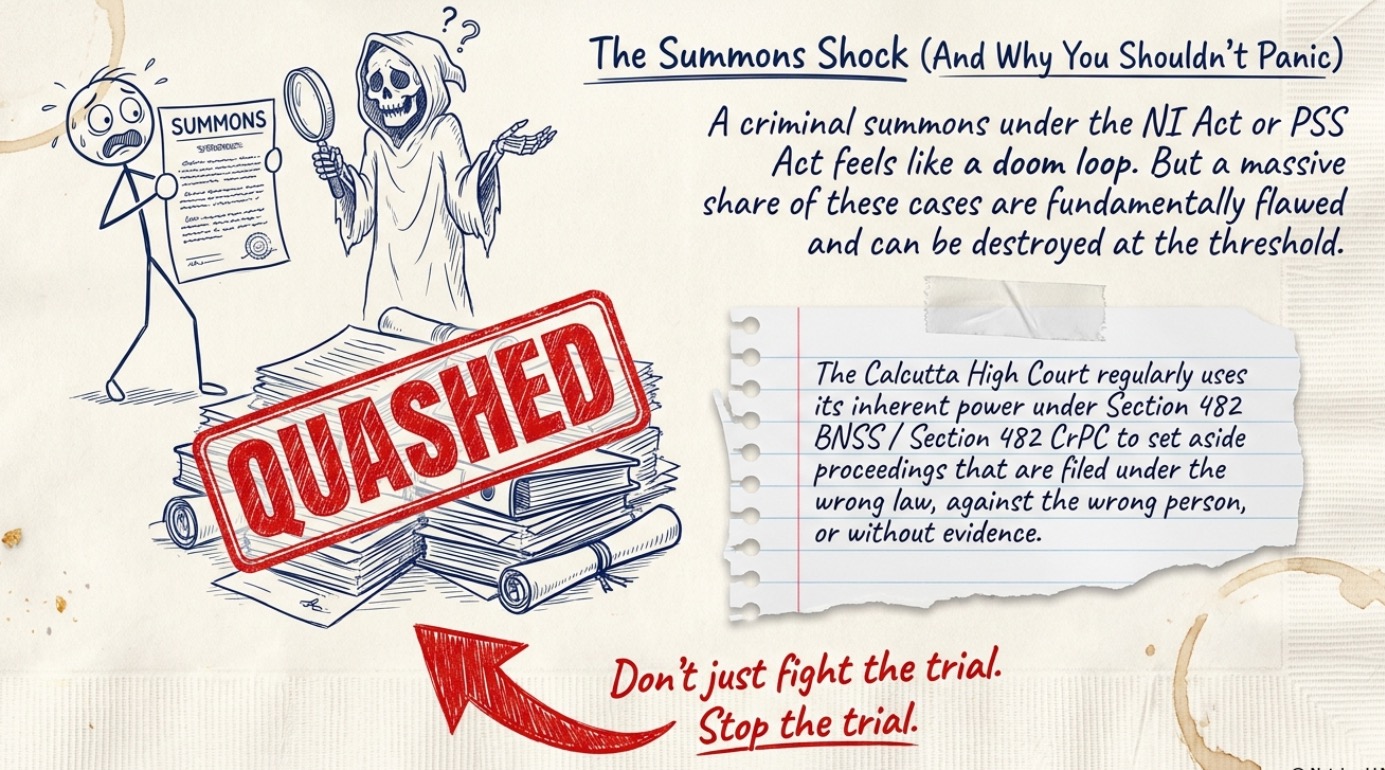 Illustration explaining how cheque bounce prosecutions under the Negotiable Instruments Act and PSS Act may be challenged before trial, showing a frightened person holding a summons, a large "QUASHED" stamp, and notes about Section 482 BNSS/CrPC powers of the Calcutta High Court.