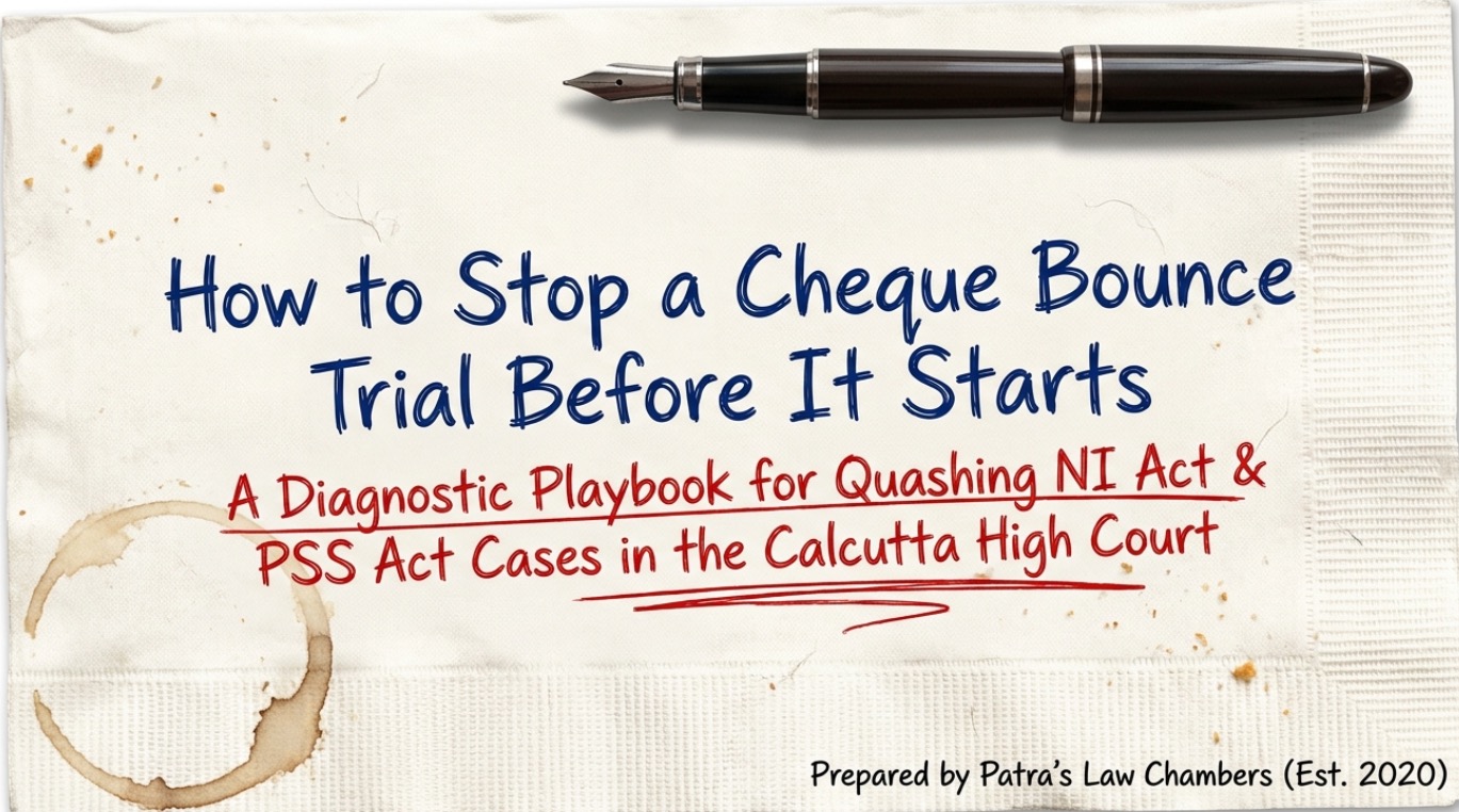 Cover page of a legal guide titled "How to Stop a Cheque Bounce Trial Before It Starts – A Diagnostic Playbook for Quashing NI Act & PSS Act Cases in the Calcutta High Court," featuring a fountain pen on a paper background and prepared by Patra's Law Chambers.