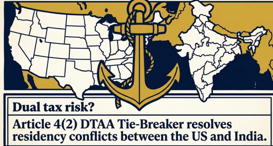 Outline maps of the United States and India with a gold anchor set between them, representing the DTAA residency tie-breaker