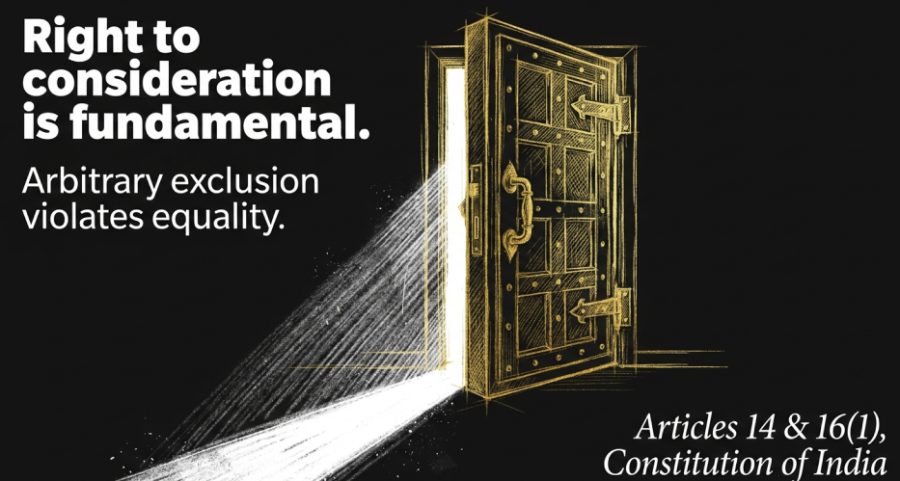 Illustration of an open door with light, captioned Right to consideration is fundamental — arbitrary exclusion violates equality, Articles 14 and 16(1) of the Constitution of India