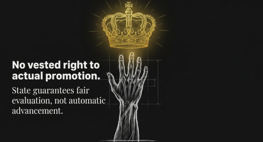 Illustration of a hand reaching for a glowing crown, captioned No vested right to actual promotion — the State guarantees fair evaluation, not automatic advancement