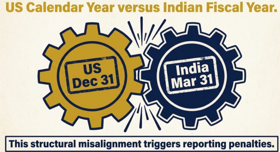 Two interlocking gears, one gold marked US Dec 31 and one navy marked India Mar 31, grinding against each other