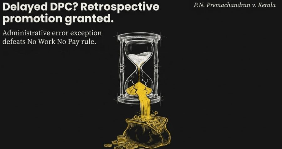 Illustration of a cracked hourglass pouring gold into a coin purse, captioned Delayed DPC — retrospective promotion granted, P.N. Premachandran v. Kerala