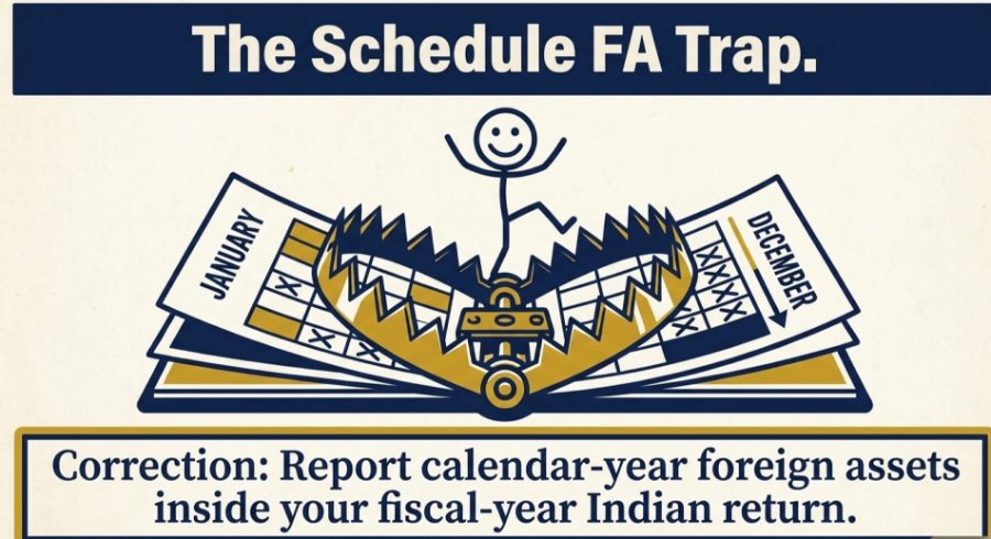 A figure stepping between January and December calendar pages onto a sprung bear trap, illustrating the Schedule FA reporting window