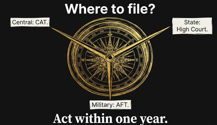 Illustration of a golden compass with three needles labelled Central CAT, State High Court and Military AFT, captioned Where to file? Act within one year