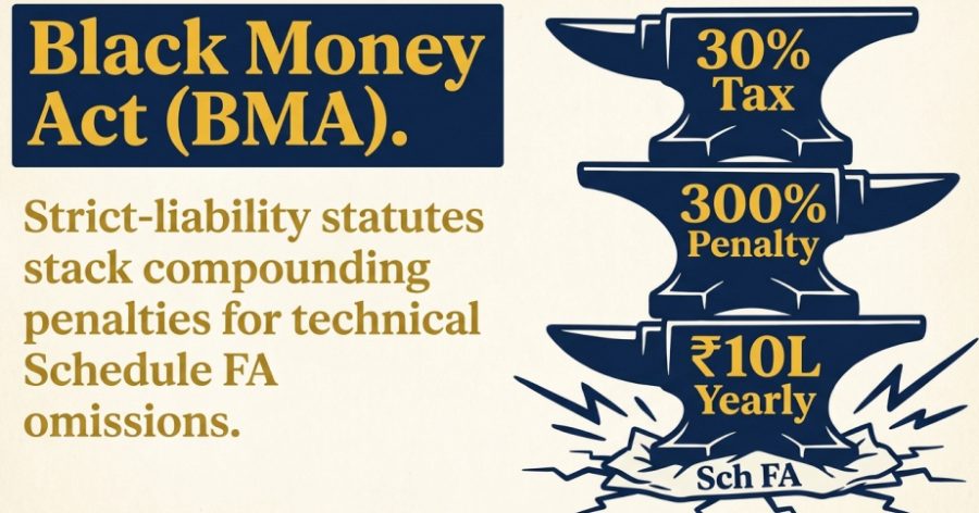 Three navy anvils stacked and crushing a cracked slab marked Sch FA, labelled 30% Tax, 300% Penalty and ten lakh rupees yearly