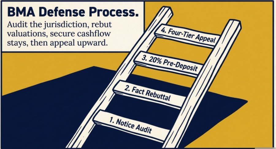 A ladder leaning against a gold field, its four rungs labelled Notice Audit, Fact Rebuttal, 20 percent Pre-Deposit and Four-Tier Appeal
