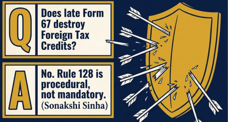 Question and answer panels beside a gold shield absorbing a volley of arrows: does late Form 67 destroy Foreign Tax Credits? No — Rule 128 is procedural, not mandatory