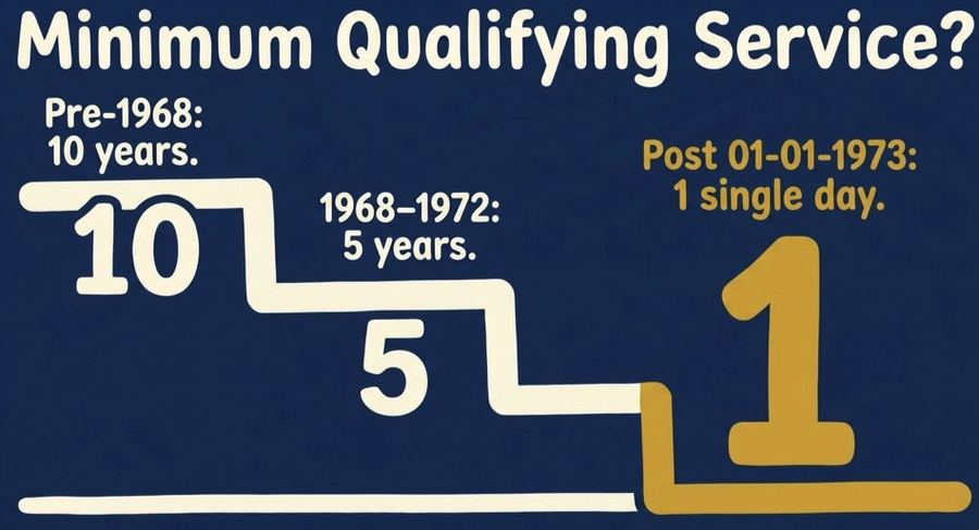 Timeline showing minimum qualifying service for the Service Element of disability pension: 10 years before 1968, 5 years between 1968 and 1972, and just 1 day of service required after 1 January 1973