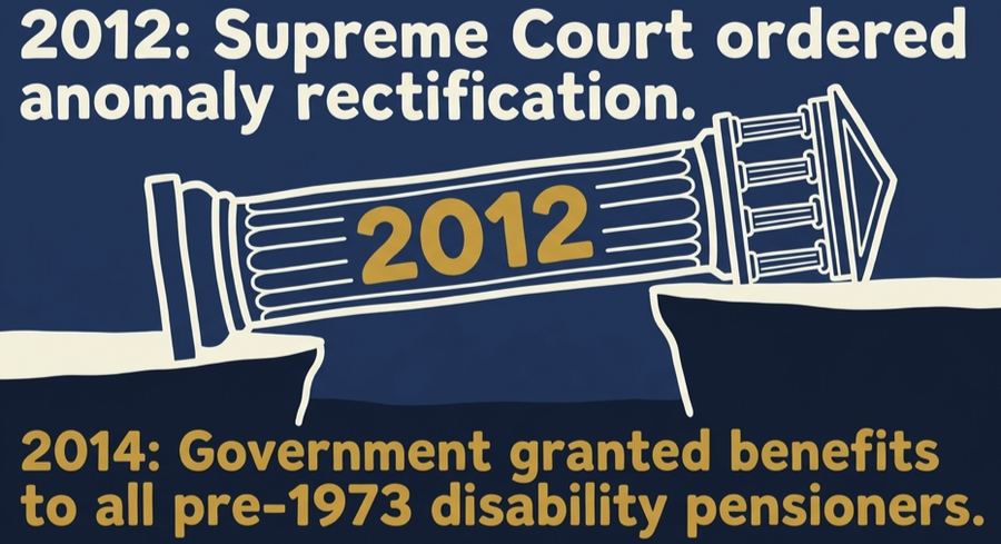 Timeline graphic showing the 2012 Supreme Court order for anomaly rectification followed by the 2014 government policy letter granting Service Element benefits to all pre-1973 disability pensioners