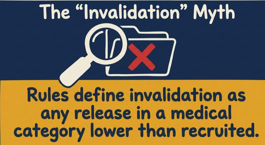 Illustration debunking the invalidation myth: Rule 1 of the Entitlement Rules 1939 and Rule 4 of the Entitlement Rules 1982 define invalidation as any release in a medical category lower than the one held at recruitment