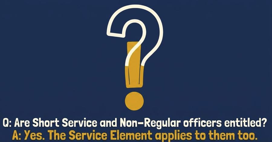 Question and answer graphic confirming that Short Service and Non-Regular officers are entitled to the Service Element of disability pension