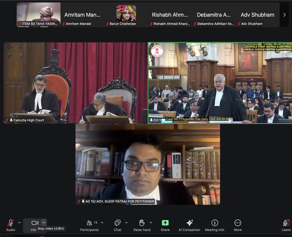 Advocate Sudip Patra appearing before the Calcutta High Court: Court No. 1 — Division Bench of Hon'ble Chief Justice Sujoy Paul and Hon'ble Justice Partha Sarathi Sen. Adv. Sudip Patra for the Petitioner.