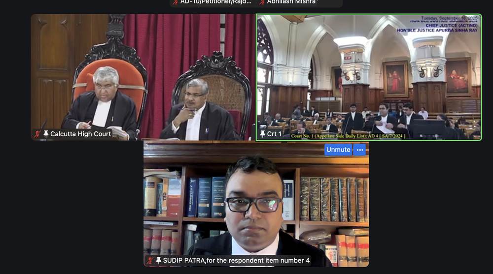 Advocate Sudip Patra appearing before the Calcutta High Court: Court No. 1 — Division Bench presided over by the Hon'ble Acting Chief Justice, with Hon'ble Justice Apurba Sinha Ray. Adv. Sudip Patra for the Respondent in SA/7/2024.