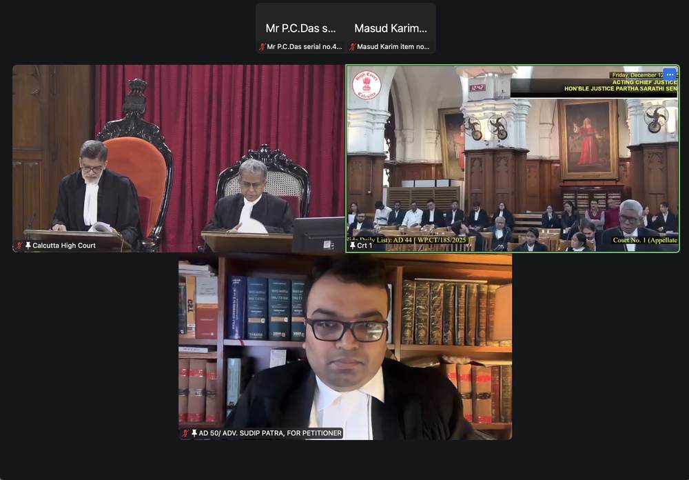 Advocate Sudip Patra appearing before the Calcutta High Court: Court No. 1 — Division Bench presided over by the Hon'ble Acting Chief Justice, with Hon'ble Justice Partha Sarathi Sen. Adv. Sudip Patra for the Petitioner.