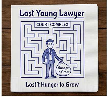 Illustration of a lost young lawyer standing inside a maze labelled Court Complex, holding a bag labelled Hunger to Grow
