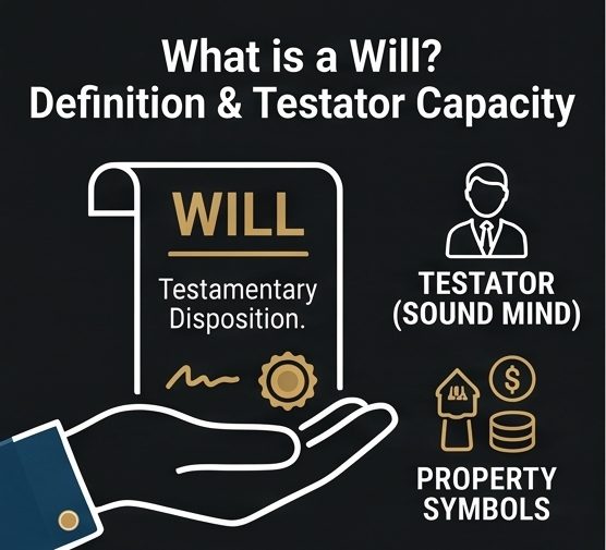 Illustration of a Will as a testamentary disposition held in a hand, with a testator of sound mind and property symbols — Section 2(h) Indian Succession Act, Patra's Law Chambers
