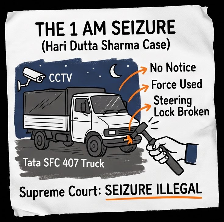 Truck seized at 1 AM by breaking the steering lock without notice — Hari Dutta Sharma case, Tata SFC 407
