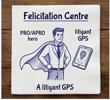 Illustration of a superhero-caped Felicitation Centre officer holding a phone showing a litigant GPS location pin