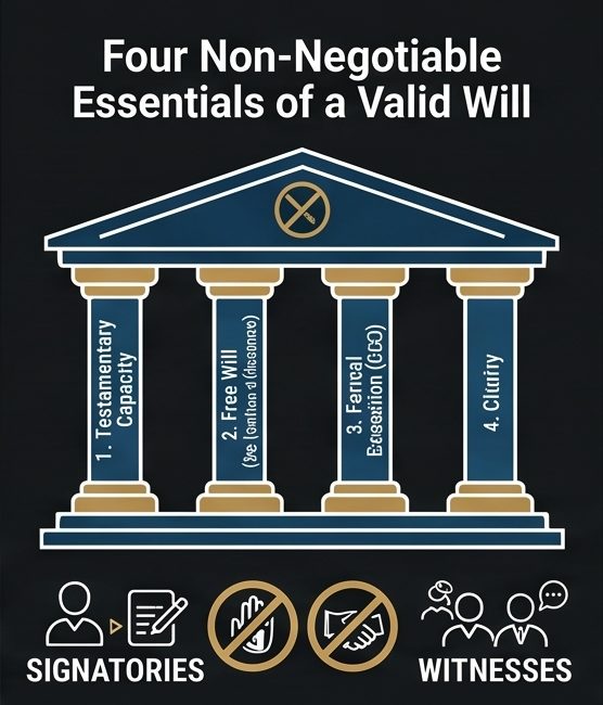 Four pillars of a valid Will: testamentary capacity, free will, formal execution and clarity, supported by signatories and witnesses