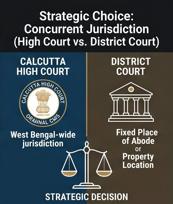 Comparison of the Calcutta High Court's West Bengal-wide testamentary jurisdiction and the District Court's jurisdiction based on the deceased's fixed place of abode or property location
