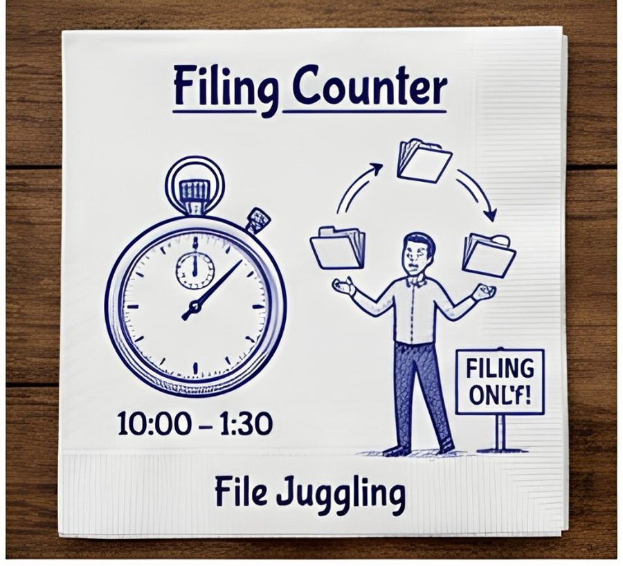 Illustration of a man juggling file folders next to a stopwatch reading ten to one-thirty and a sign reading Filing Only
