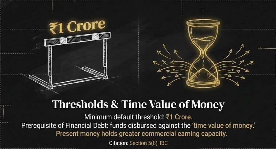 Illustration of a one crore rupee hurdle beside a glowing hourglass, representing the minimum default threshold under Section 4 and the time value of money requirement in Section 5(8) of the Code