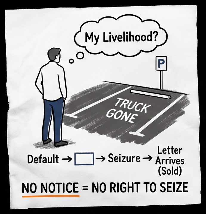 Borrower finds truck gone from parking — no notice means no right to seize, vehicle seized without notice