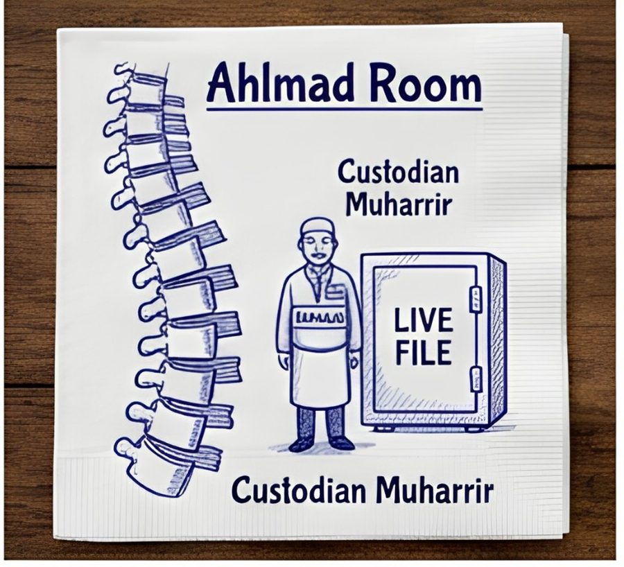 Illustration of a filing cabinet drawn as a spine next to the Ahlmad Room custodian Muharrir guarding a live file safe