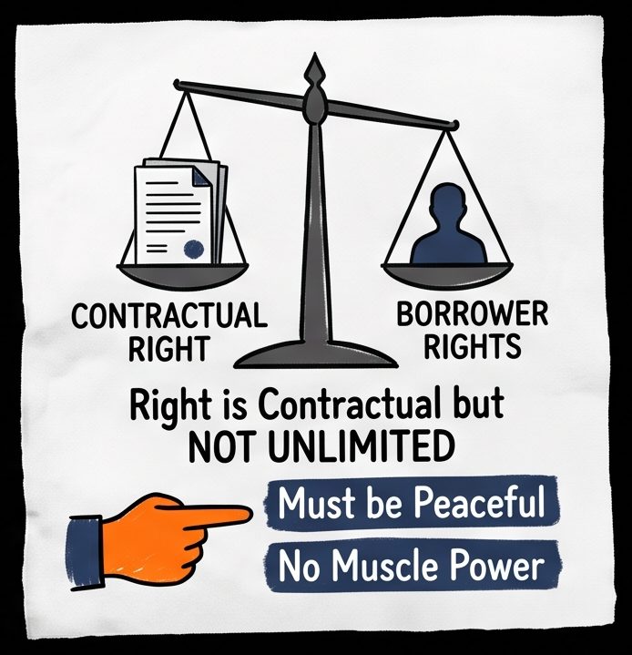 Scales balancing the lender's contractual right of repossession against borrower rights — repossession must be peaceful, no muscle power