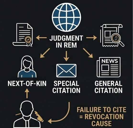 Diagram showing a probate grant as a judgment in rem, with special citations to next of kin and general citation by newspaper, and failure to cite as a cause for revocation