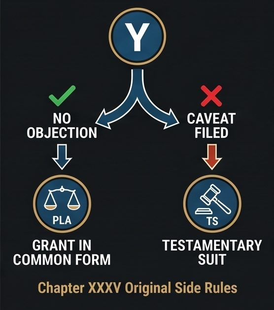 Branching diagram: no objection leads to a PLA and grant in common form, while a caveat filed converts the case into a testamentary suit under Chapter XXXV of the Original Side Rules
