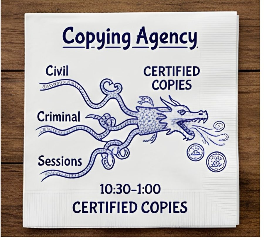 Illustration of a dragon labelled Copying Agency breathing certified copy stamps for civil, criminal and sessions matters