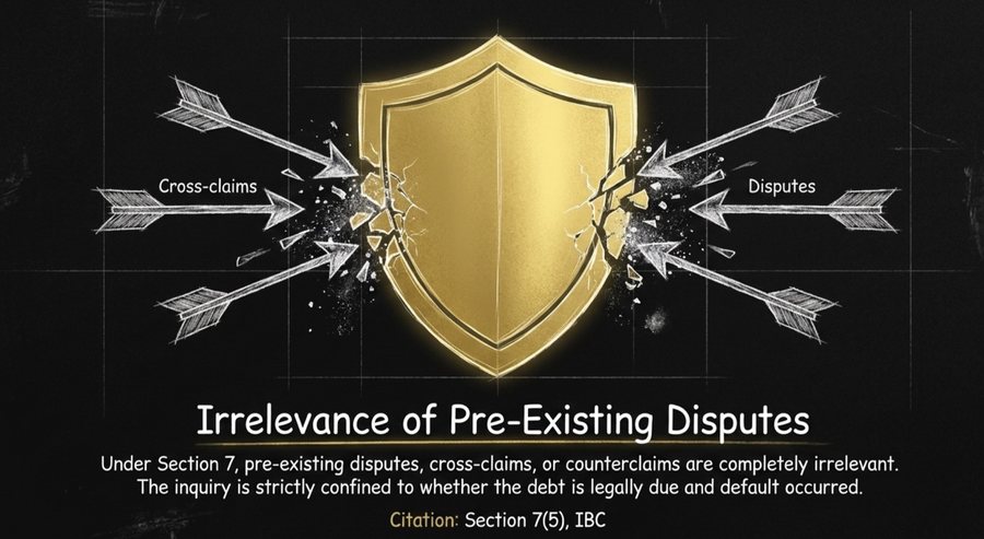 Illustration of a gold shield shattering incoming arrows labelled cross-claims and disputes, representing the irrelevance of pre-existing disputes to an application under Section 7 of the Code
