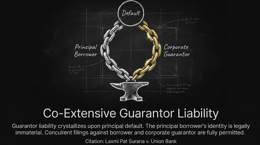 Illustration of two chains, one marked principal borrower and one marked corporate guarantor, both hanging from a single ring marked default over an anvil, representing co-extensive liability under Section 128 of the Indian Contract Act