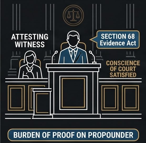 Courtroom illustration of an attesting witness in the witness box proving a Will under Section 68 of the Evidence Act, with the burden of proof on the propounder