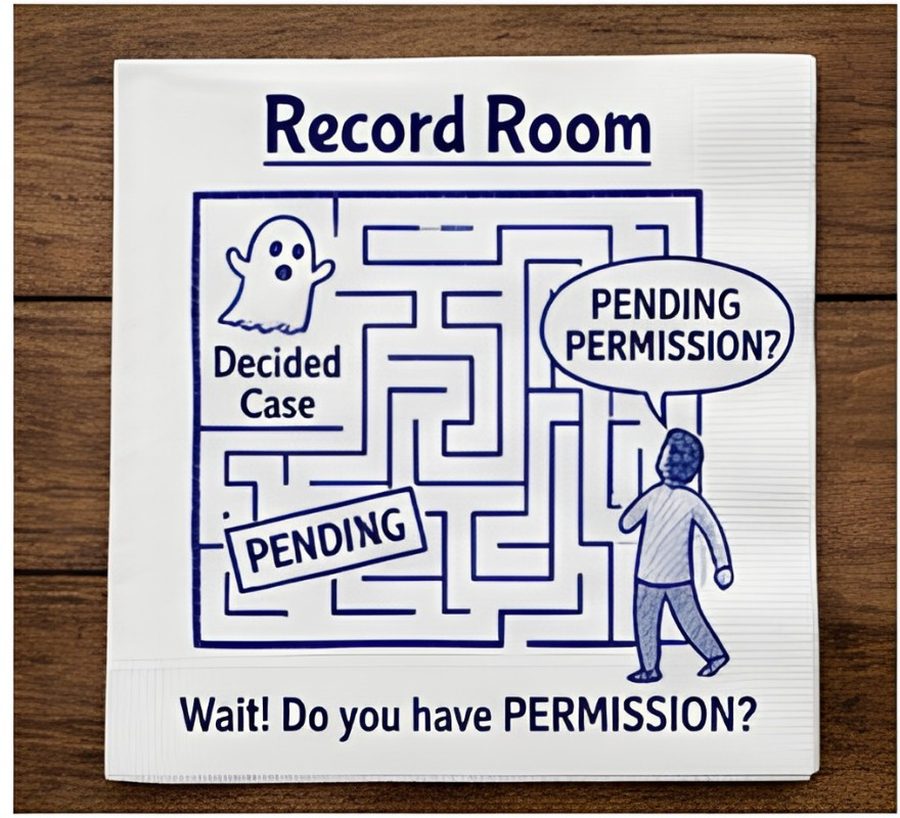Illustration of a person walking through a maze holding a pending permission sign, next to a ghost pointing at a decided case folder
