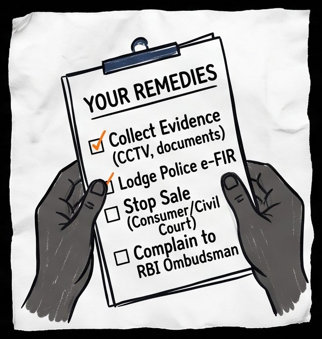 Borrower remedies checklist for illegal vehicle seizure — collect evidence, lodge police e-FIR, stop the sale, complain to RBI Ombudsman