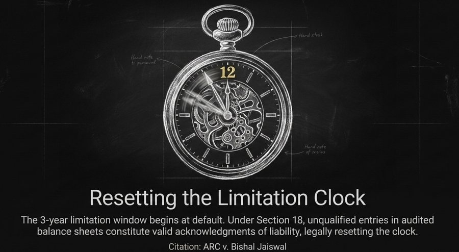 Illustration of an open pocket watch with a spinning hand, representing the three year limitation period under Article 137 restarting on an acknowledgment of liability under Section 18 of the Limitation Act