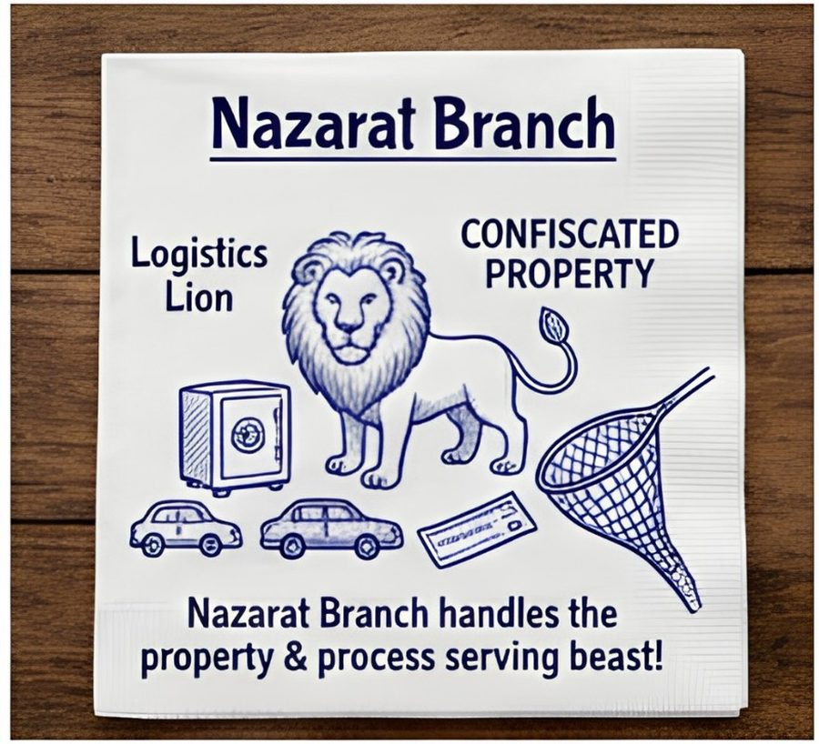 Illustration of a lion labelled Logistics Lion guarding a safe of confiscated property with a net beside two cars