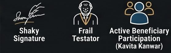 Icons for suspicious circumstances in a Will: shaky signature, frail testator and active beneficiary participation