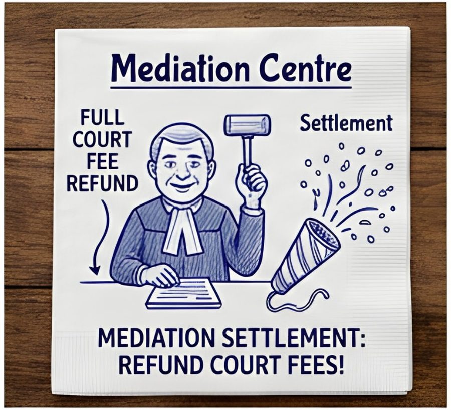 Illustration of a judge presiding at the Mediation Centre with a gavel next to a full court fee refund arrow and a confetti settlement