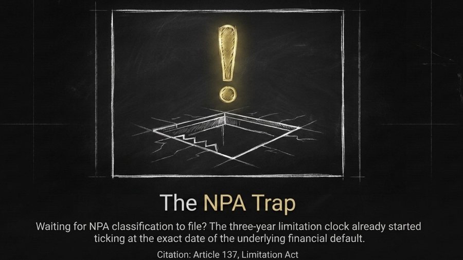 Illustration of a warning mark hovering over an open trapdoor, representing the trap of computing limitation from the date of NPA classification instead of the date of the underlying financial default