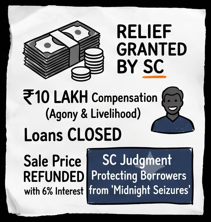 Supreme Court relief — Rs 10 lakh compensation, loans closed, sale price refunded with 6% interest, protecting borrowers from midnight seizures